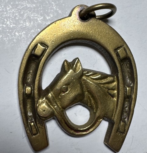 VTG BRASS KEYCHAIN FOB 1.5x2 Inches. HORSESHOE AND HORSE HEAD