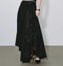 High-Waisted Ruched Drawstring Slit Irregular Hem A-Line Cotton Skirt