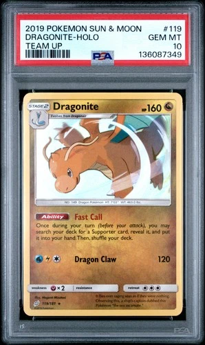 2019 POKEMON SUN & MOON TEAM UP #119 DRAGONITE-HOLO PSA 10