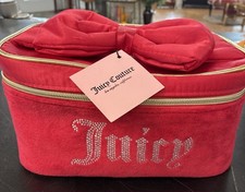 Juicy Couture Red Satin Bow Rhinestones Velour Toiletry Make Up Bag Zip CloseNew