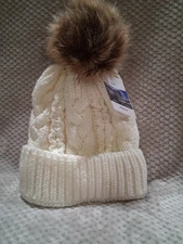 RELIANT WINTER WEAR Beanie Hat Wmn's Ivory Chunky Cable Knit Faux Fur Pom Bobble
