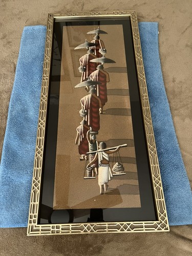 Two Framed Burmese Myanmar Sand Paintings Buddhist Monks Very Nice Frames