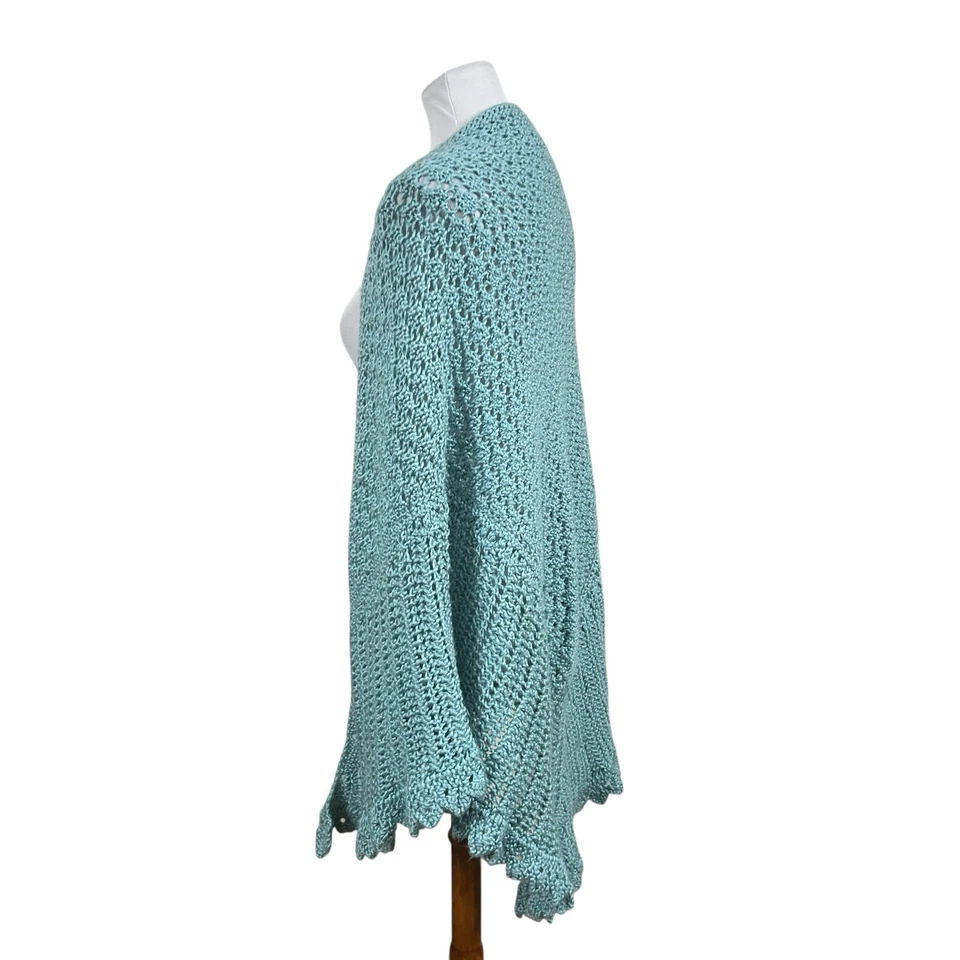Mantón de ganchillo vintage hecho a mano tejido abrigo azul acogedor casa núcleo abuela boda Foto 2 de 4