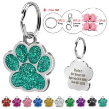 Dog Cat Pet Tag ID Collar Tags Personalized Engraved 24mm Glitter Paw Print Tag