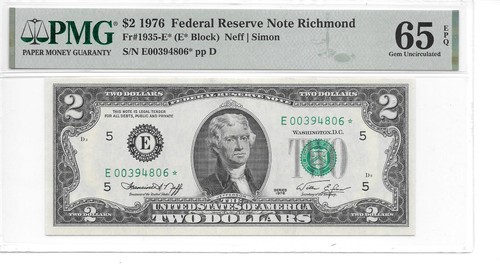 1976* Richmond Star $2 FRN (E* Block) PMG 65 EPQ GEM UNCIRCULATED - Picture 3 of 4