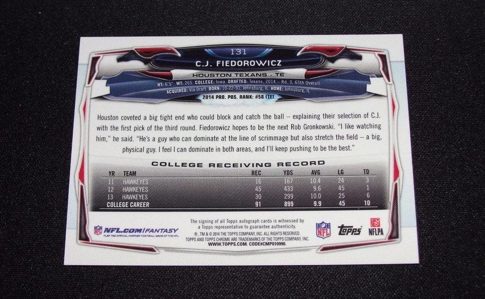 2014 Topps Chrome C J FIEDOROWICZ #131 Mini RC Auto Houston TEXANS Iowa HAWKEYES - Image 2 of 2
