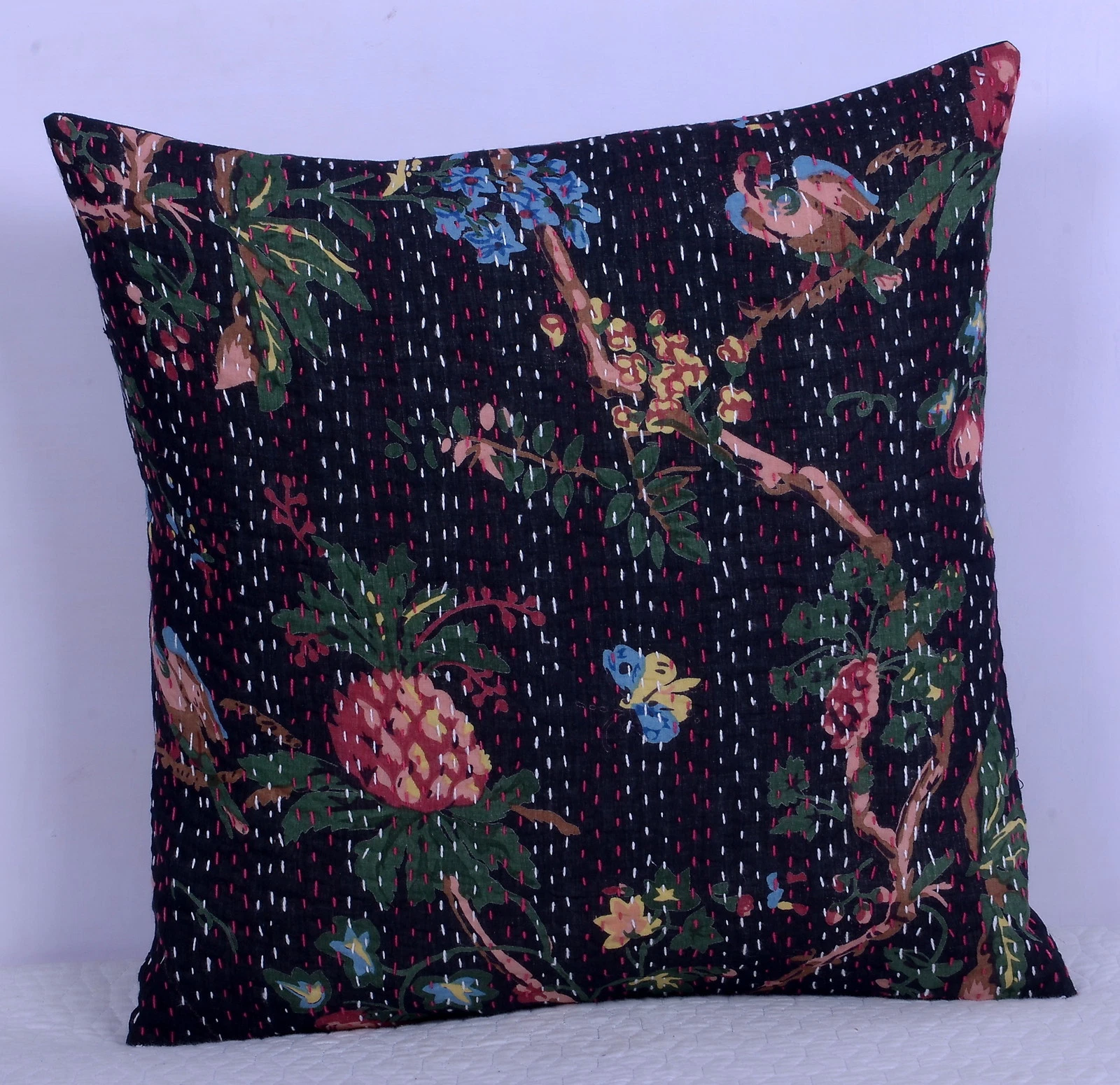 16'' ETHNIC INDIEN CUSHION COVER PILLOW KANTHA WORK BIRD FLORAL THROW DECOR ART