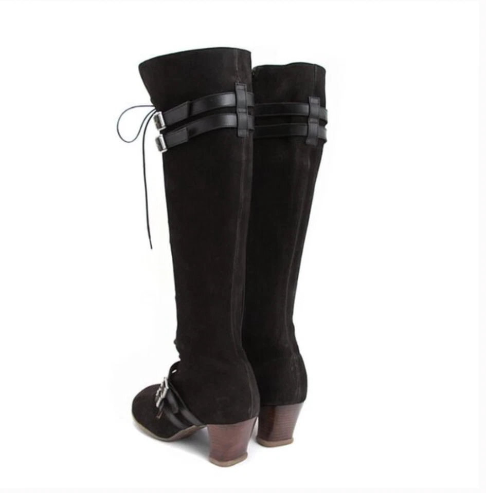 JOHN FLUEVOG OPERETAS: HJORDIS BOTAS HASTA LA RODILLA DE CUERO GAMUZA NEGRAS 9,5 Foto 3 de 4