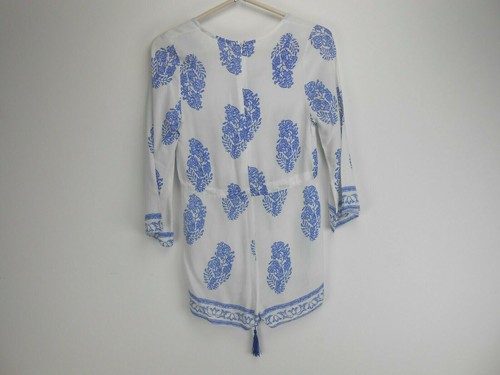 White And Blue Paisley Romper Size S Small Deep V Neck Bell Sleeves (B12) - Picture 5 of 8