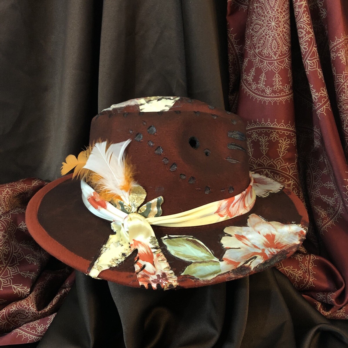 Womens Fedora Hat-Tazzle's 1of1-Crimson Red W/ Floral Silk