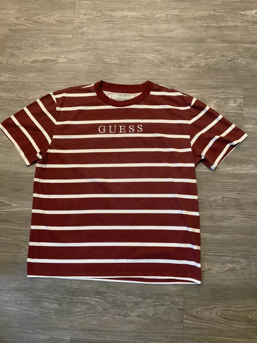 Guess Los Angeles Striped Vintage 90s Style Retro Maroon T Shirt Sz. L