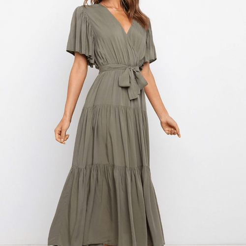 Tie Waist Tiered Short Sleeve Midi Dress Butterfly Sleeve Dark Olive sz Medium - Picture 5 of 5
