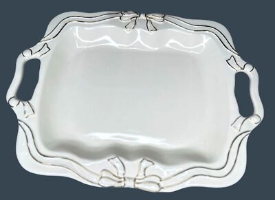 Gibson Serving Tray Platter Cheese Turkey Cookies White Gold Bow Trim  Handles