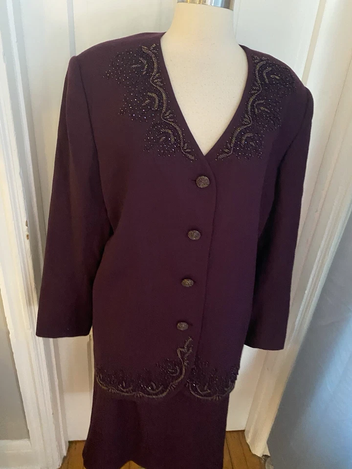 JOHN MEYER 100% ШЕРСТИ ВИНТАЖНЫЙ ФИОЛЕТОВЫЙ ЮБКА КОСТЮМ БИСЕР НА КУРТКА-SIZE18W-ОТЛИЧНОЕ - Изображение 3 из 4