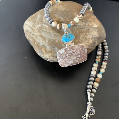 Wild Horse Turquoise Pendant Navajo Pearls Sterling Silver Necklace 11375