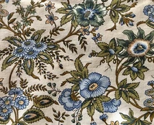 Vintage Retro French Passion Flower Floral Cotton Fabric ~ Blue Olive Green