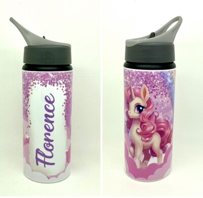 Einhorn Personalisierte Kinder Trinkflasche Getränke Flip Top Strohhalm Sport Schule 600ml