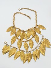 Vtg MIRIAM HASKELL ? Brass Grape Leaf Charms Old Clap Bracelet Necklace Set