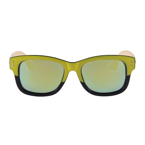RICH&RARE (RR44)Sunglasses Black/Yellow Wood Bamboo frame W/Gold mirror Lens - Picture 2 of 8