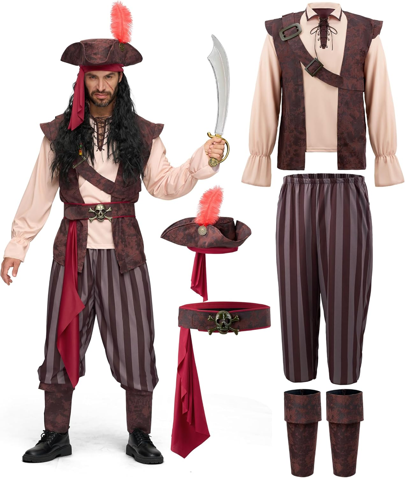 Men's Caribbean Pirate Costume Sea Captain Robber Halloween Outfit with ...