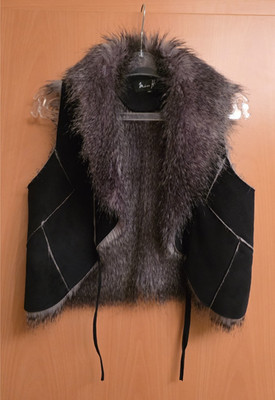 Damen Weste Gr. S 36 - Schwarz Grau - Kunstleder - Kunstfell
