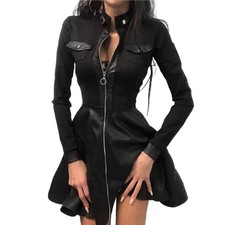 Women Long Sleeve Zipper Pocket Large Hem Faux Leather Lace Elegant Mini Dress 