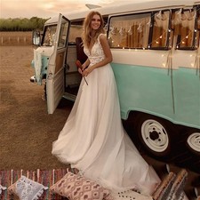 Boho Wedding Dresses V Neck A Line Lace Appliques Beach Vintage Bridal Gowns