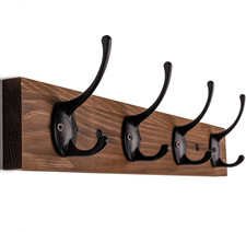 Wooden Wall Mounted Coat Rack with 4 Hooks Entryway Hat Towel Hanger Brown