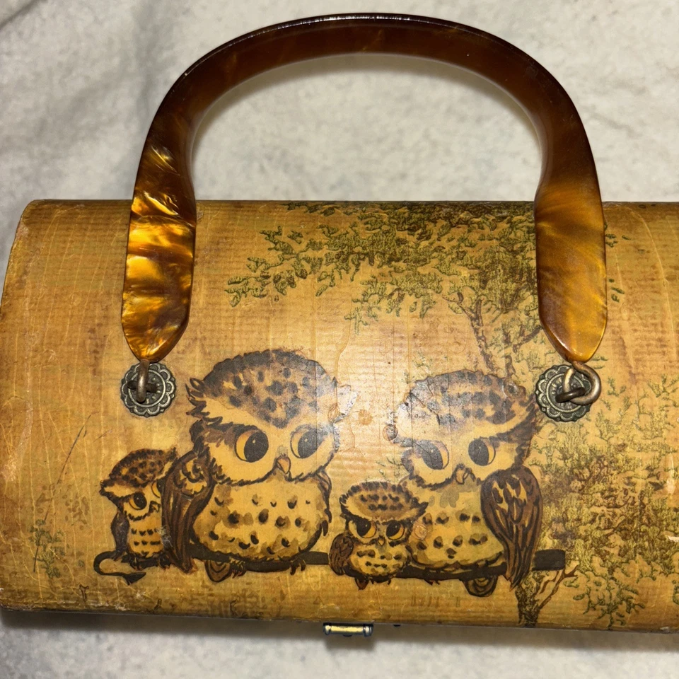 Cartera Caja Madera Hecha a Mano De Colección Búho Familia Lucite Mango Único Decoupage Foto 4 de 4
