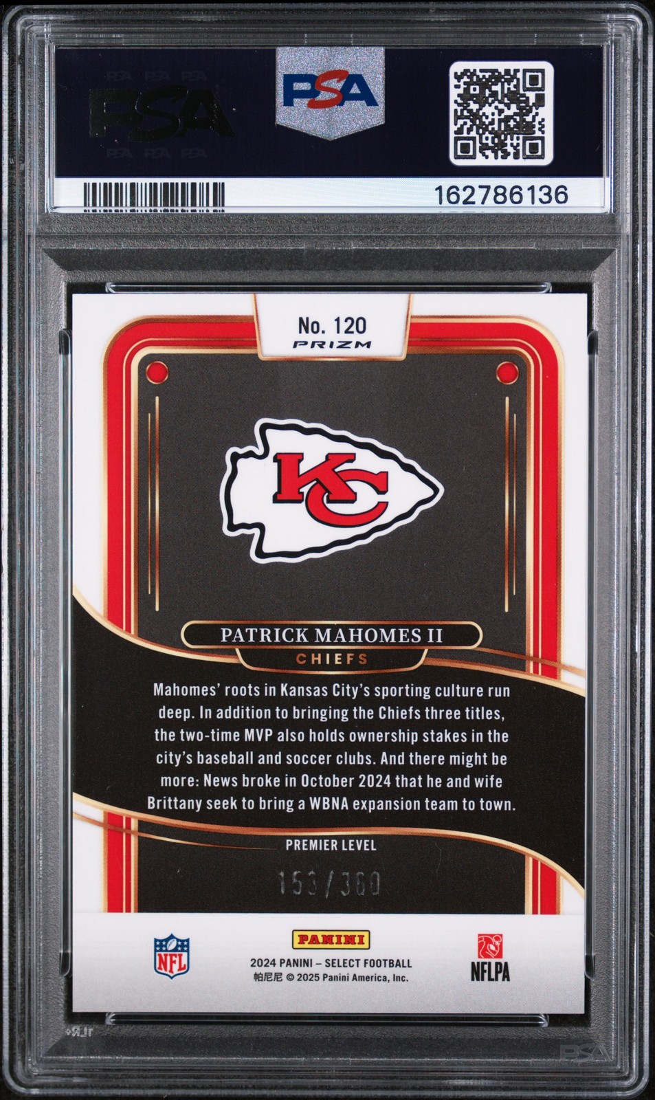 #120 Patrick Mahomes II 2024 Panini Select Purple Prizm Shock SN PSA 9 #/360 view 2