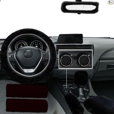 9 Pieces Fluffy Car Accessories Set Faux Fur Steering Wheel Cover Black 9 Pieces Fluffy Car Accessories Set Faux Fur Steering Wheel Cover Black