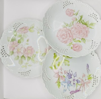 VTG 3 Hand Painted PORCELAIN Reticulated Pierced Edge Plates FLORAL FLOWERS