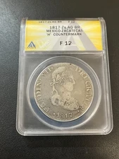 1817 ZS AG 8 REALES MEXICO ANACS F-12 - COUNTERMARK 8 REALES - CERTIFIED SLAB 8R