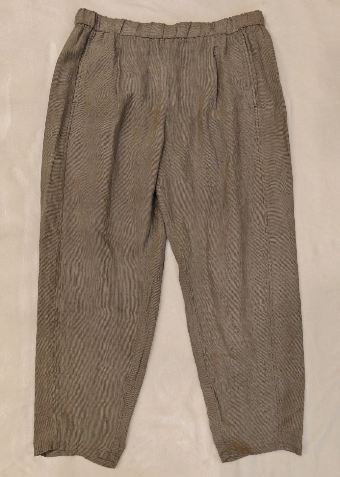 Eileen Fisher Womens Olive Seersucker Linen Ankle Pleated Lantern Pants NWT Sz L