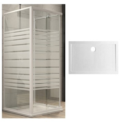 Eckduschkabine 3-seitig Kristall Siebdruck 80x120x80 Rechts + Porzellanteller
