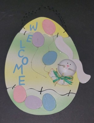 Vintage Welcome Easter Bunny On Egg Door Wall Decoration Balsa Wood