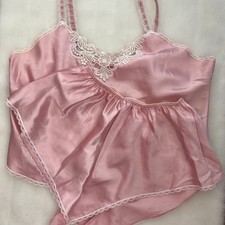 Vtg Pink Satin Lingerie Set Camisole Tap Pants Lace Trim Size Large Read