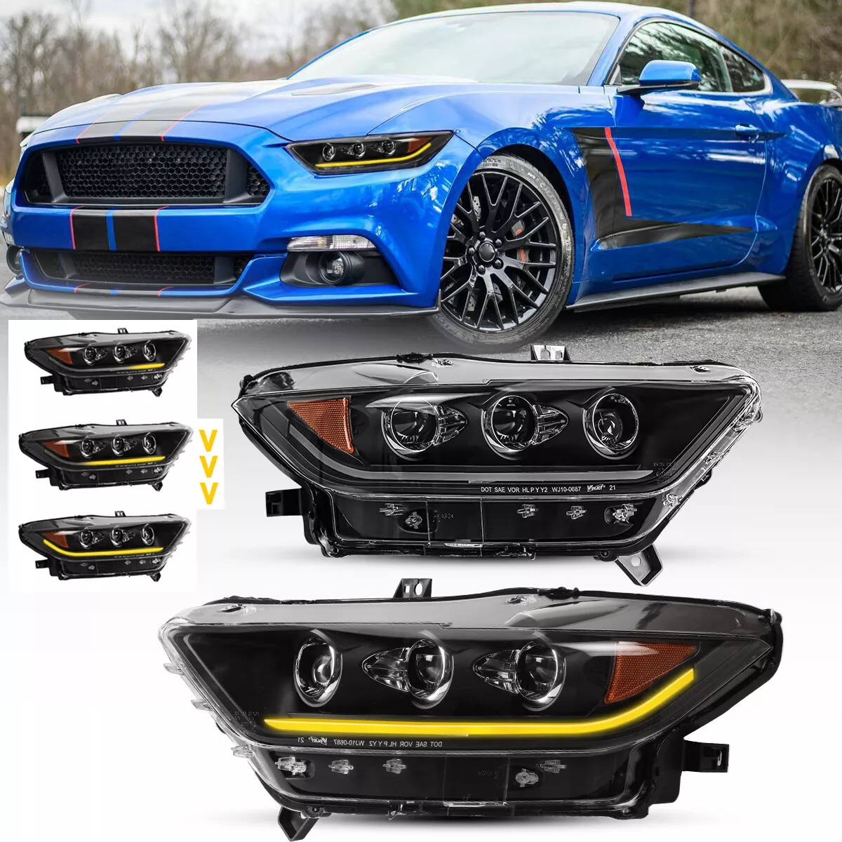 Fits 2015 2016 2017 Ford Mustang Projector Headlights LED DRL