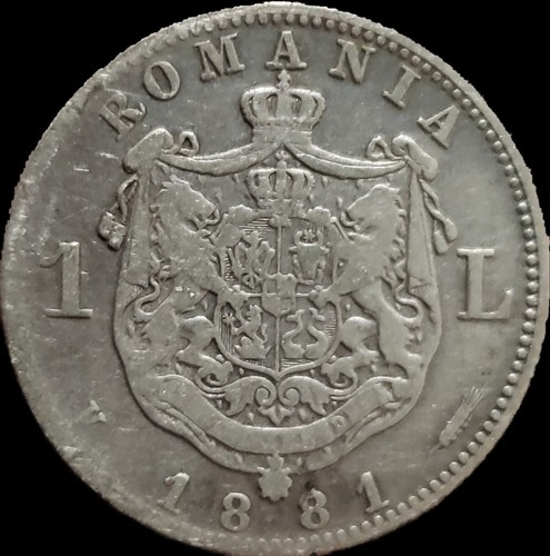 1881 Romania 1 Leu Silver.King Carol I Scarce