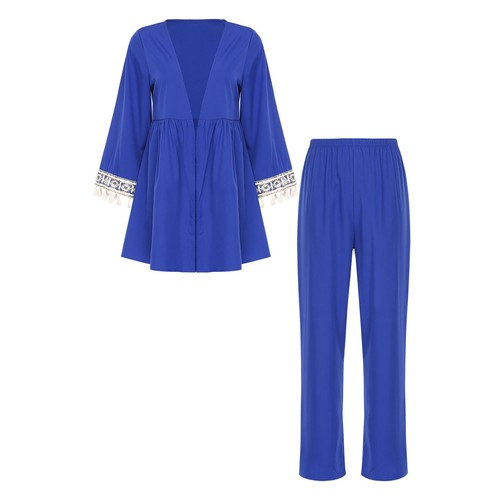 Trajes de mujer pierna ancha pantalones traje borla puños conjunto ocasionalmente superior - Imagen 25 de 32