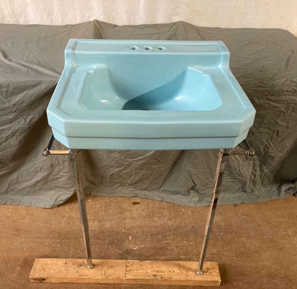 Vtg Mid Century Powder Blue Porcelain Bath Sink Chrome legs Towel Bars