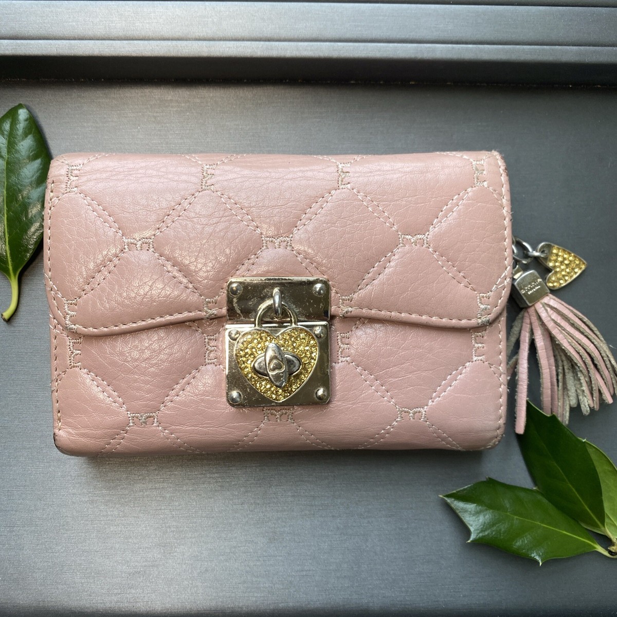 Omnia Crystal Heart Pink Leather Wallet Y2K Vintage Logo Omnia Crystal Heart Pink Leather Wallet Y2K Vintage Logo