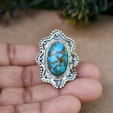 Blue Copper Turquoise Ring 925 Sterling Silver Wide Band Ring Bohemian Ring Gift