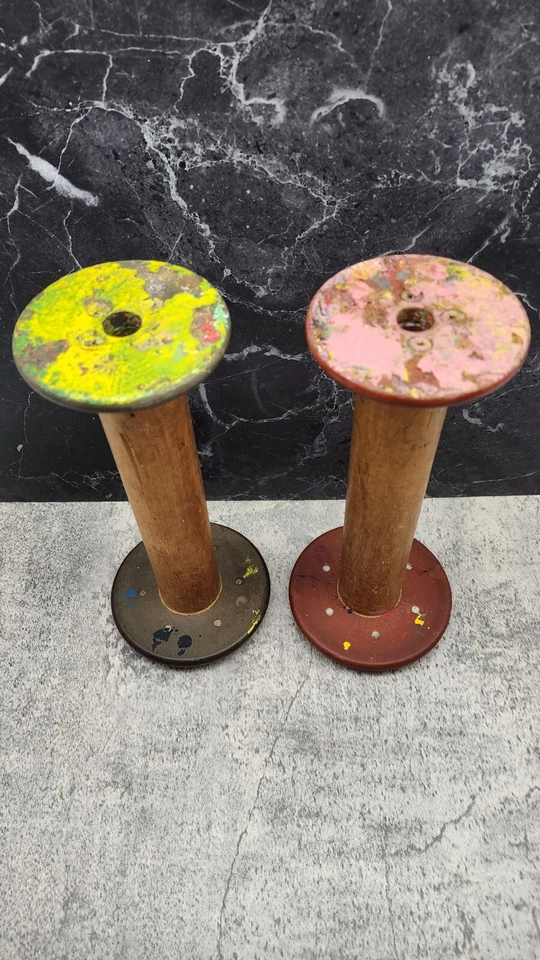 Juego de 2 carretes de madera antiguos textiles Pennsylvania Foto 3 de 4