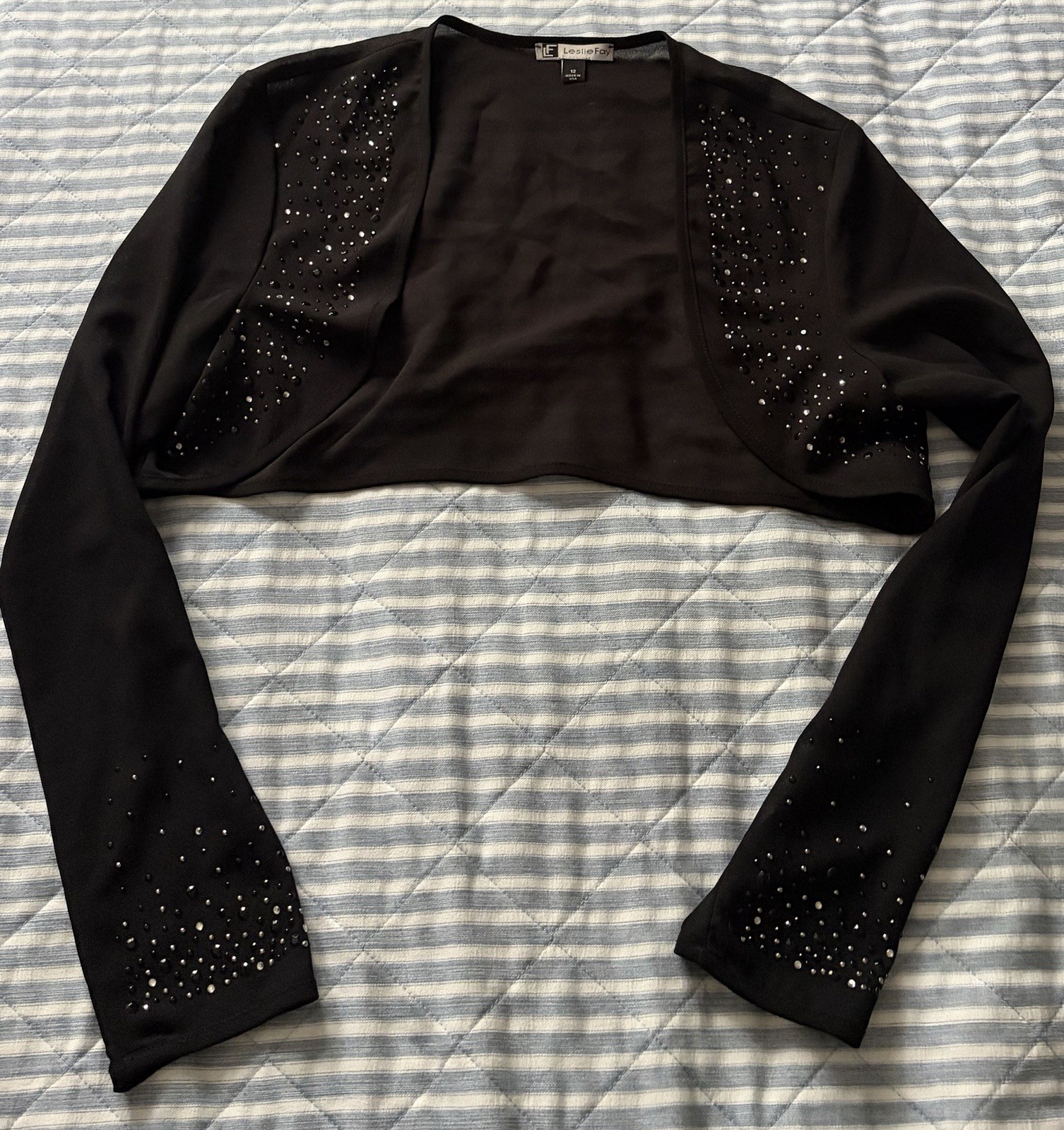 Leslie Fay Women’s Black Beaded Cropped Bolero Jacket Size 12 Formal