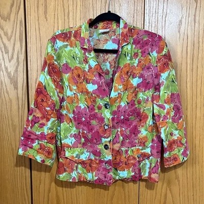 Vintage womens M 100% linen 90s Y2k artsy floral cropped button up jacket phoebe