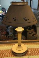 Vintage Tole Toleware  Lamp - Cream Tan with Blue Accent Design 