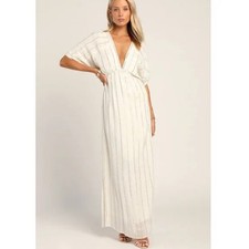 Lulus Goddess Vibes Ivory White Gold Striped Maxi Dress Women's Size S NWT