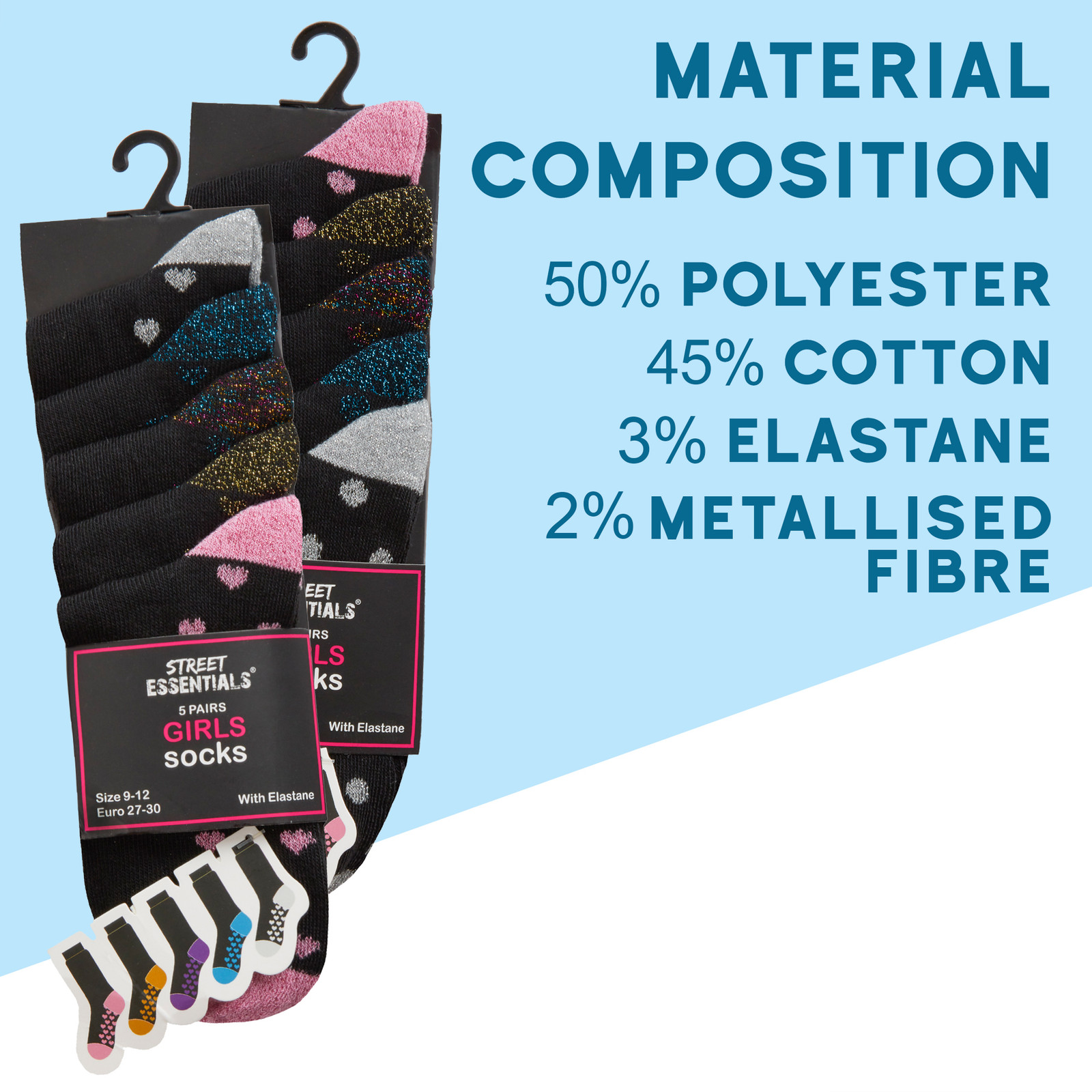 SAOLA Calze Crew Bambini Ragazze 10 Paia Macchie Metallizzate Suola Cuori Design Nero Multibuy