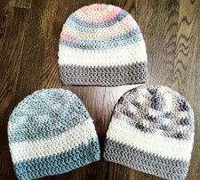 Handmade Crochet Knit Beanies Multicolor Striped Pattern Set of 3 Women's OS